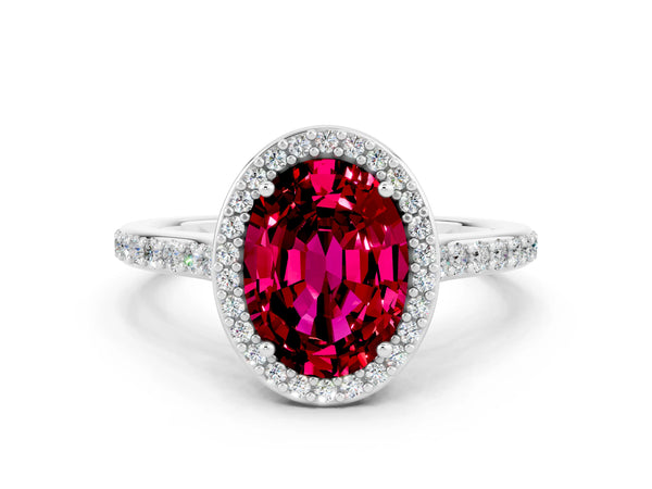 White gold Oval Cut Garnet Halo Engagement Ring with Round Pavé Shoulders and Prong Setting