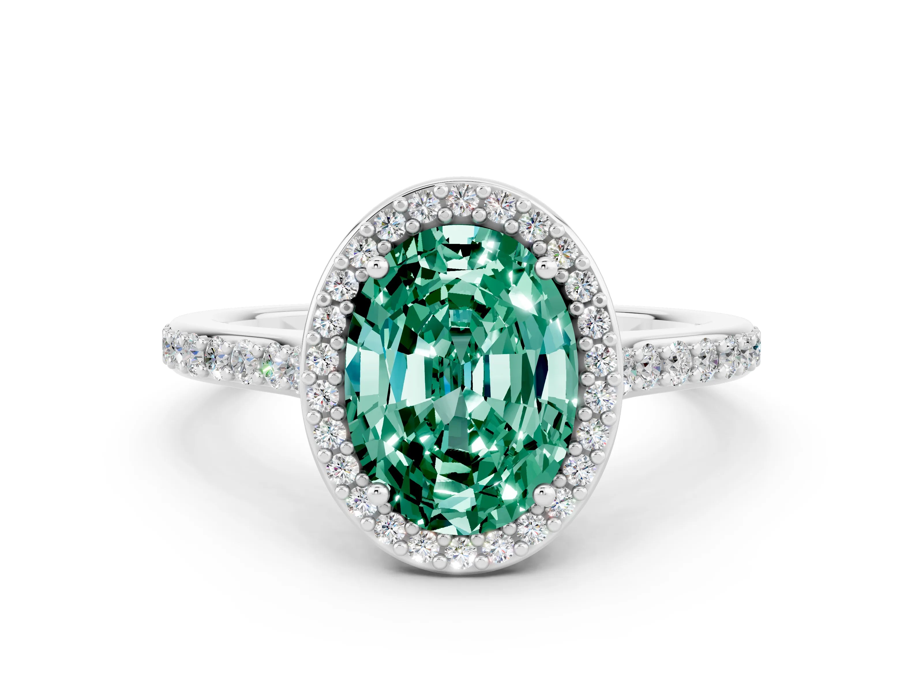 White gold Oval Cut Halo Round Diamond Pavé Band with Four-Prong Setting