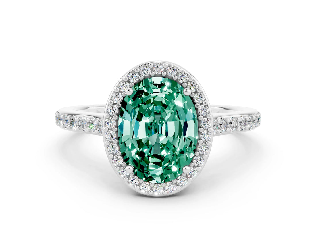 White gold Oval Cut Halo Round Diamond Pavé Band with Four-Prong Setting