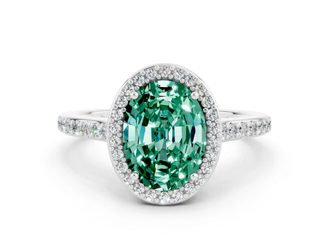 White gold Oval Cut Halo Round Diamond Pavé Band with Four-Prong Setting