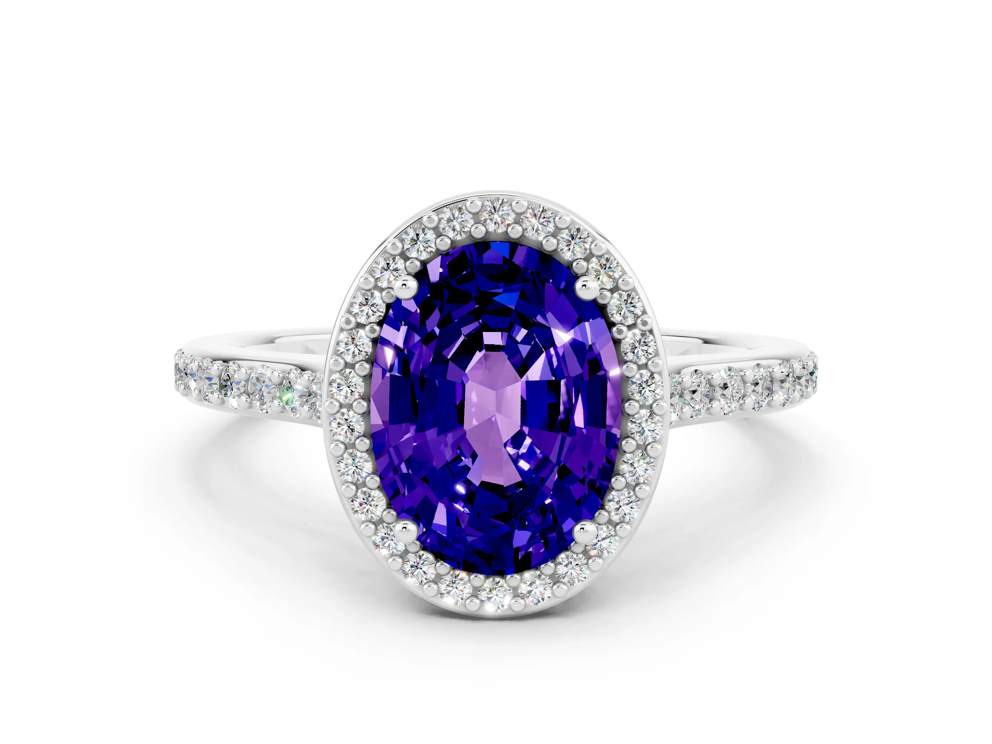 White gold Oval Cut Halo Round Diamond Pavé Band with Four-Prong Setting