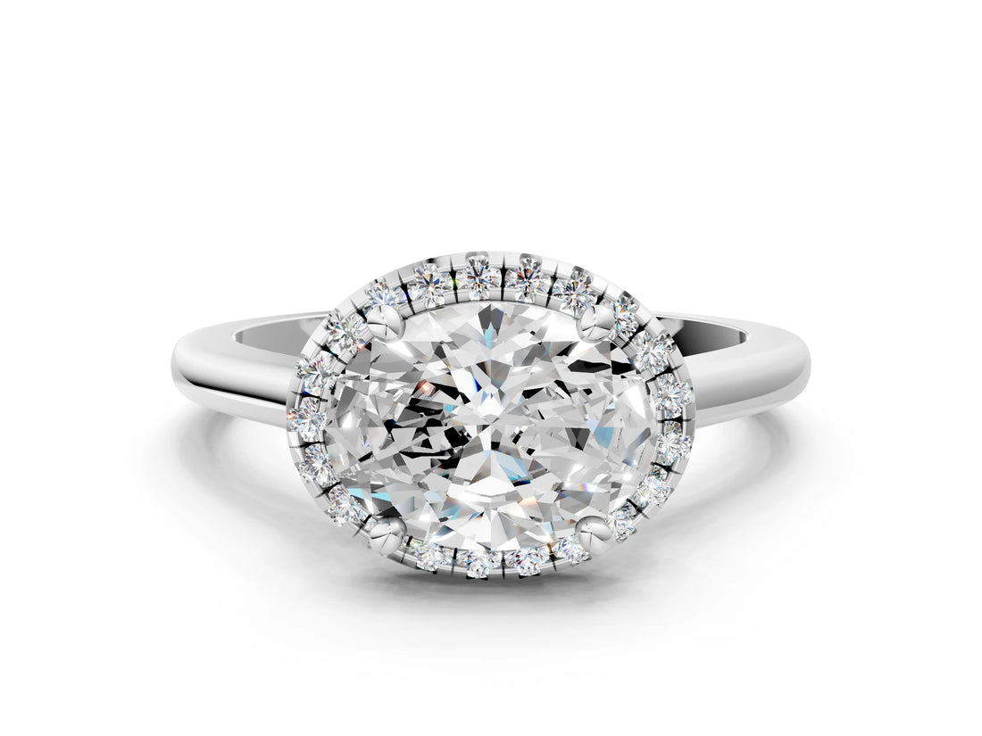 White gold Oval Cut Halo Round Diamond Solitaire Engagement Ring with Pave Band and Four-Prong Setting_7