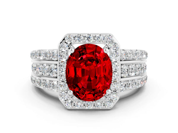 Platinum Oval Cut Halo Ruby Ring with Round  Split Shank and Prong Setting