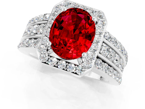 White gold Oval Cut Halo Ruby Ring with Split Shank and Four-Prong Setting_1