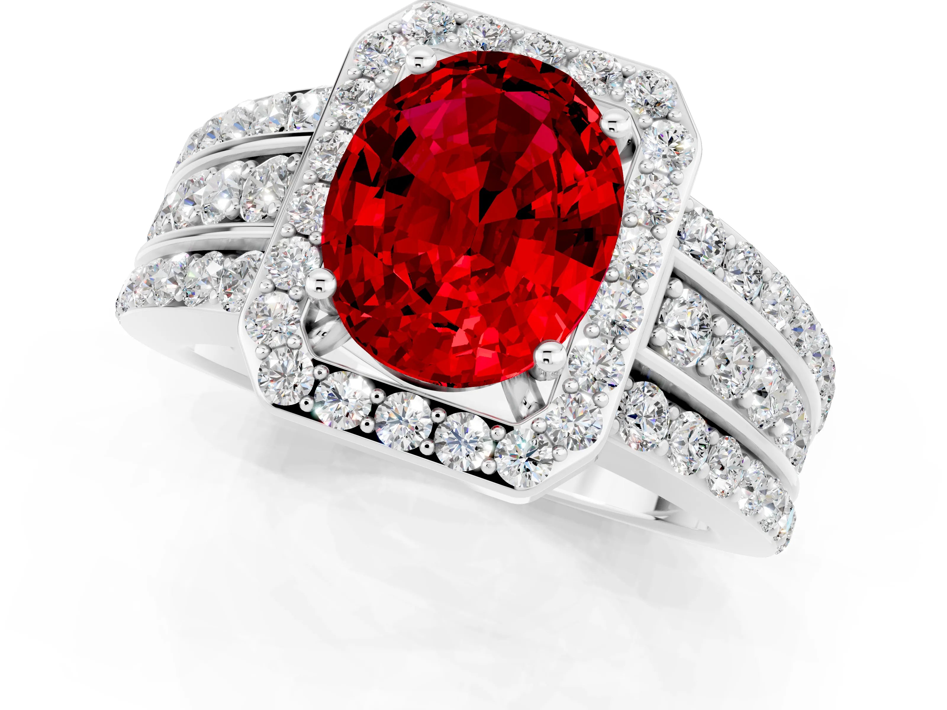 White gold Oval Cut Halo Ruby Ring with Split Shank and Four-Prong Setting_1