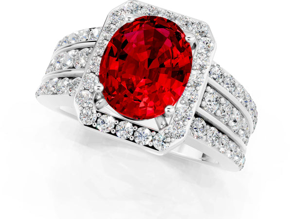 Silver Oval Cut Halo Ruby Ring with Round  Split Shank and Prong Setting