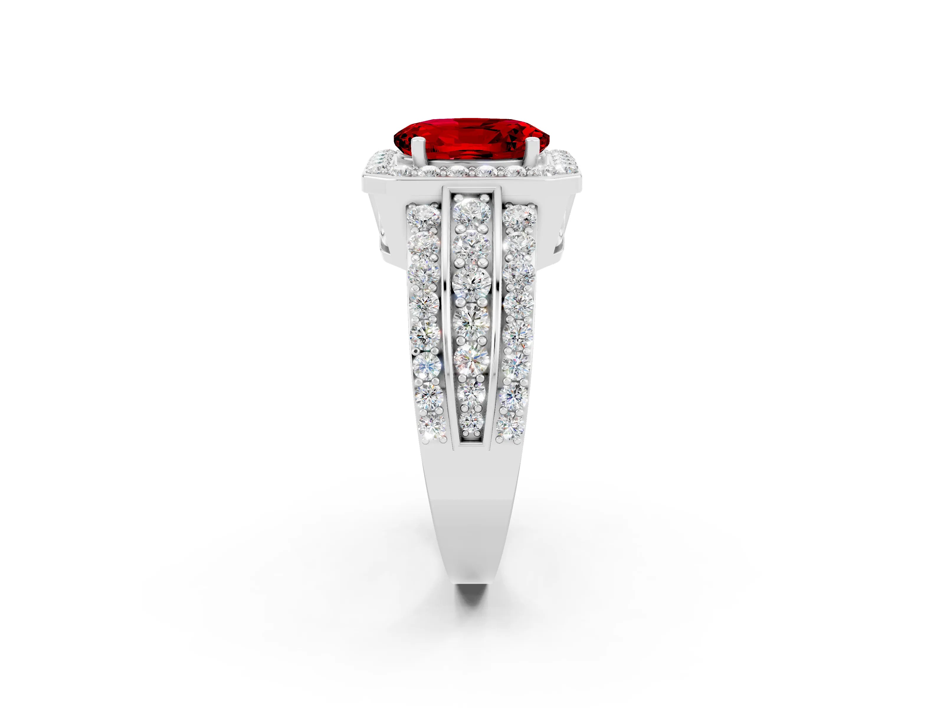 White gold Oval Cut Halo Ruby Ring with Split Shank and Four-Prong Setting_2