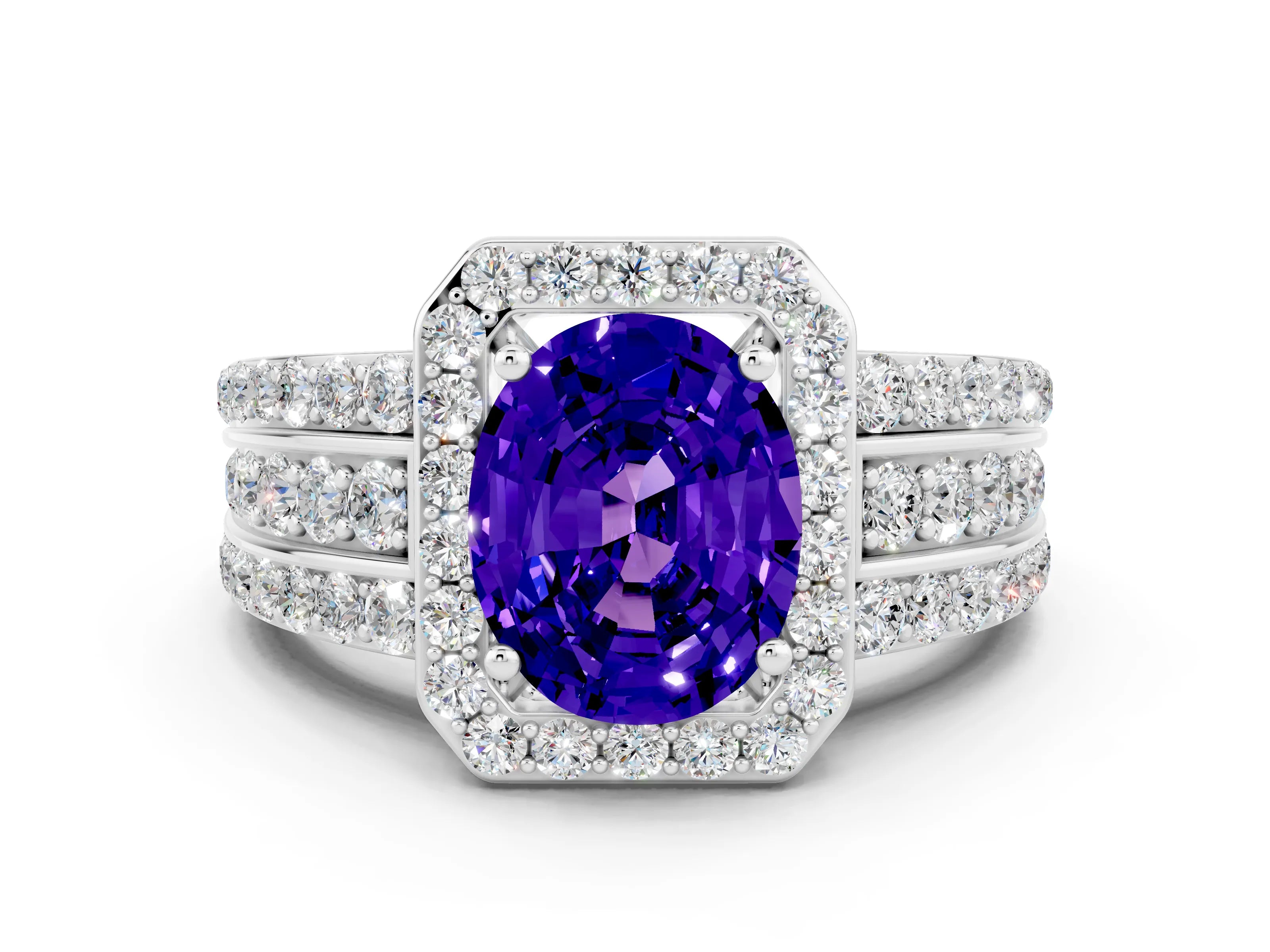 White gold Oval Cut Halo Tanzanite Ring with Split Shank and Four-Prong Setting