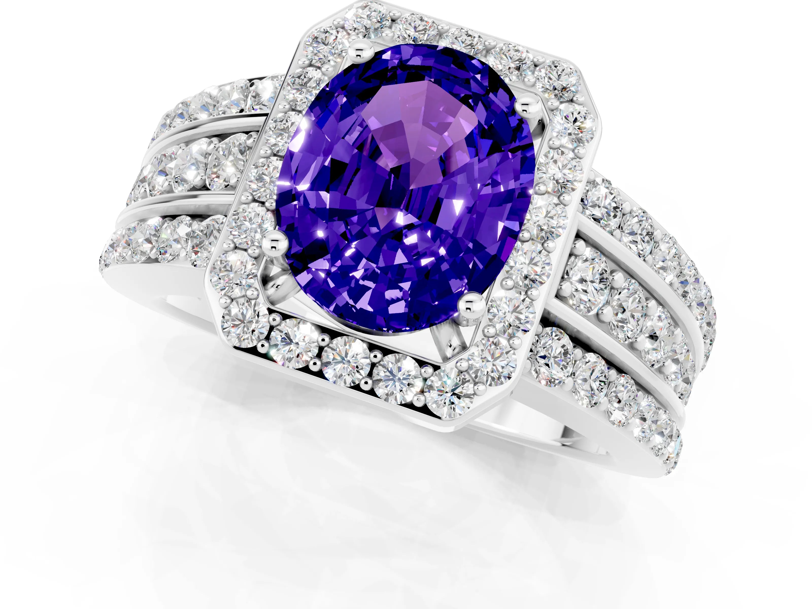 White gold Oval Cut Halo Tanzanite Ring with Split Shank and Four-Prong Setting_1