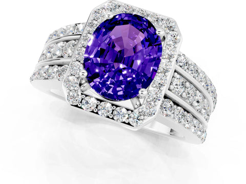 White gold Oval Cut Halo Tanzanite Ring with Split Shank and Four-Prong Setting_1