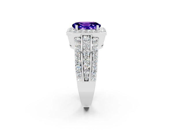 Platinum Oval Cut Halo Tanzanite Ring with Round  Split Shank and Prong Setting