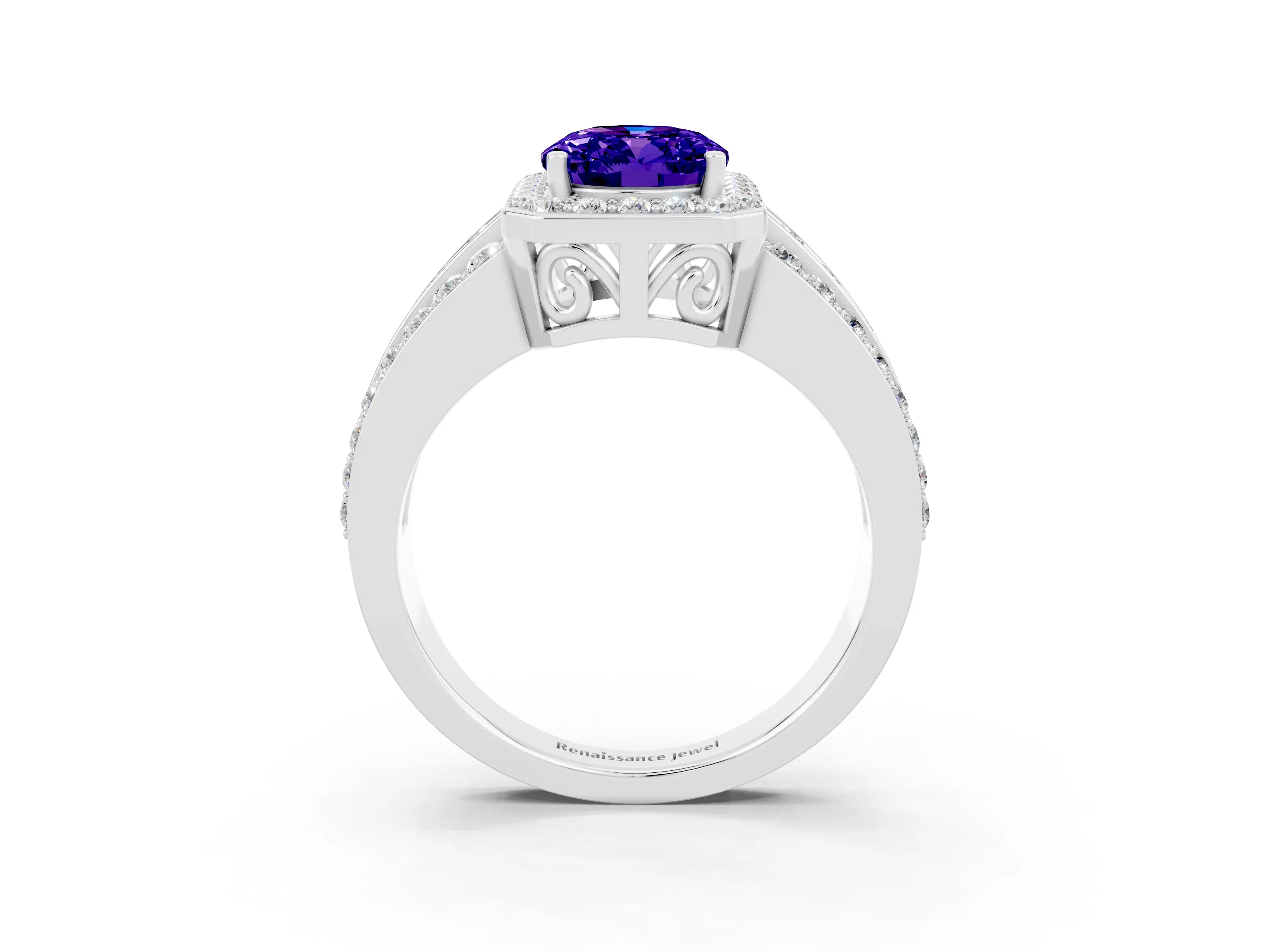 White gold Oval Cut Halo Tanzanite Ring with Split Shank and Four-Prong Setting_3