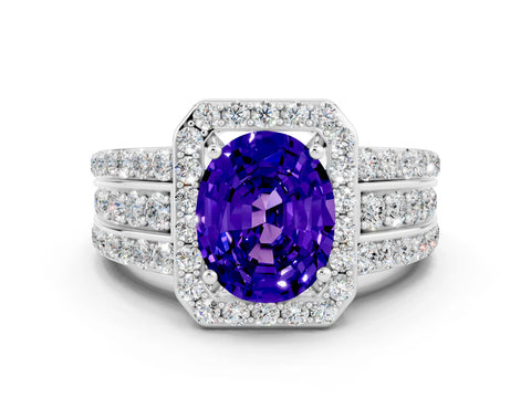 White gold Oval Cut Halo Tanzanite Ring with Split Shank and Four-Prong Setting