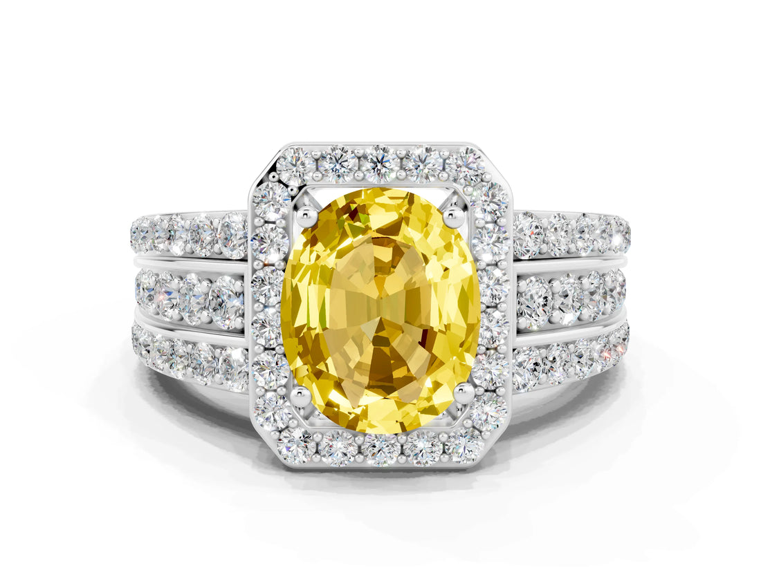 White gold Oval Cut Halo Yellow Sapphire Ring with Split Shank and Four-Prong Setting_24