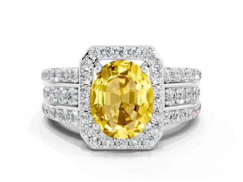 White gold Oval Cut Halo Yellow Sapphire Ring with Split Shank and Four-Prong Setting_24