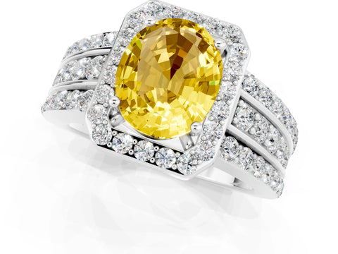 White gold Oval Cut Halo Yellow Sapphire Ring with Split Shank and Four-Prong Setting_25