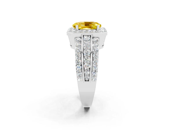 White gold Oval Cut Halo Yellow Sapphire Ring with Round  Split Shank and Prong Setting