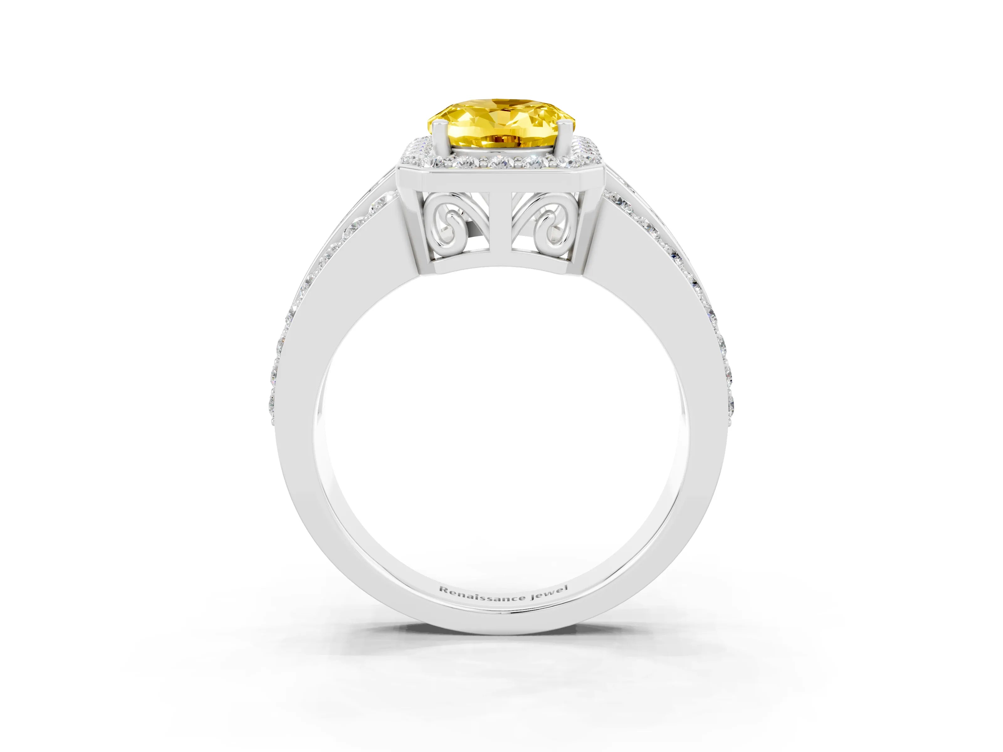 White gold Oval Cut Halo Yellow Sapphire Ring with Split Shank and Four-Prong Setting_27