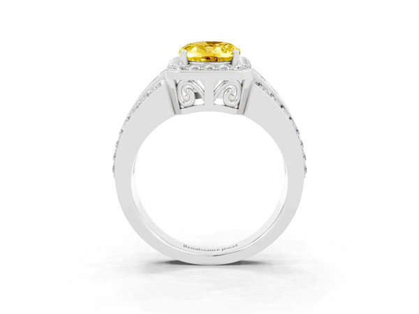 Silver Oval Cut Halo Yellow Sapphire Ring with Round  Split Shank and Prong Setting