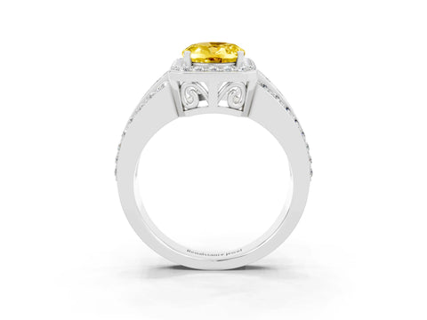 White gold Oval Cut Halo Yellow Sapphire Ring with Split Shank and Four-Prong Setting_27