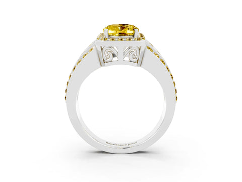 White gold Oval Cut Halo Yellow Sapphire Ring with Split Shank and Four-Prong Setting_3