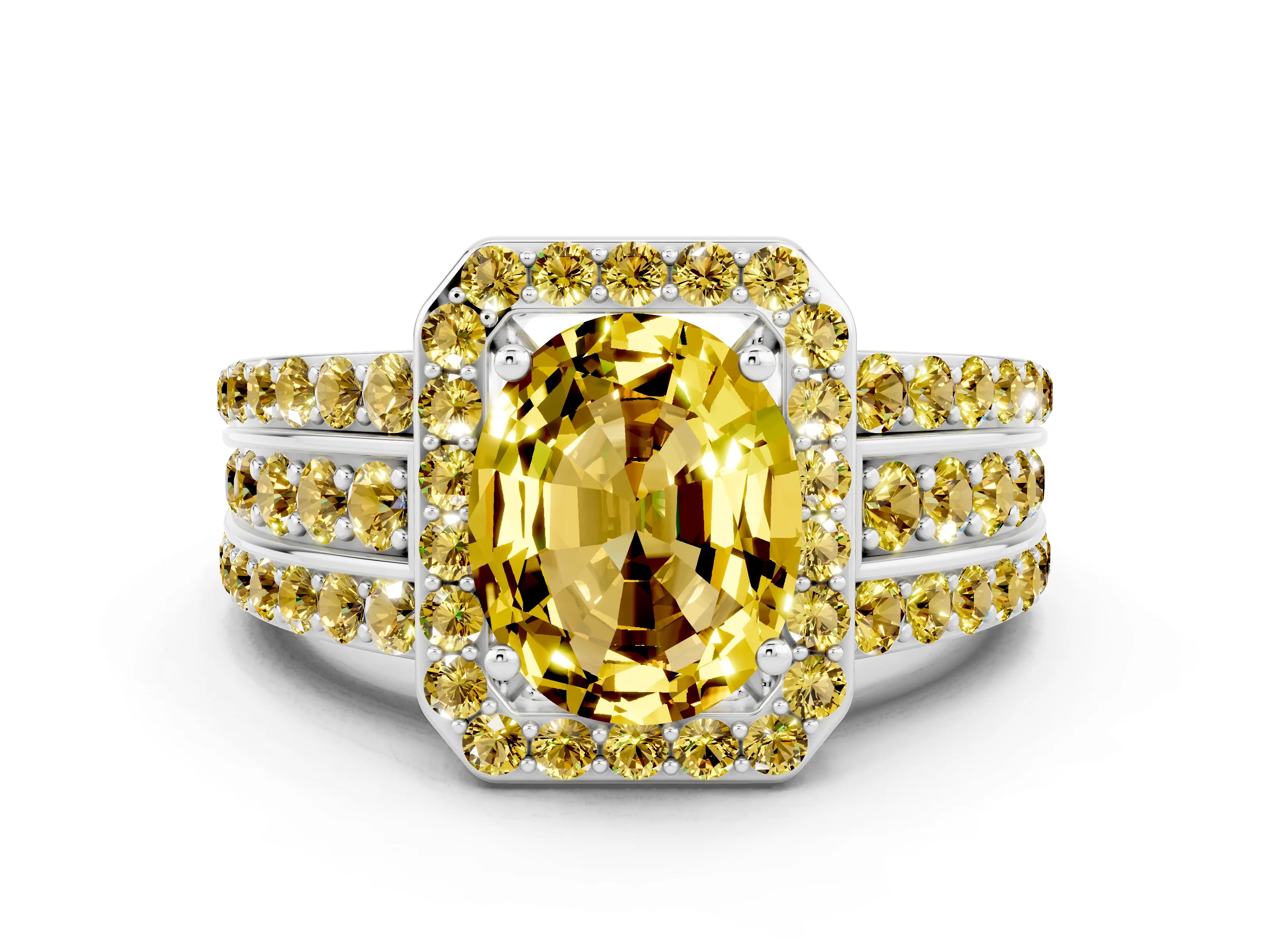 White gold Oval Cut Halo Yellow Sapphire Ring with Split Shank and Four-Prong Setting