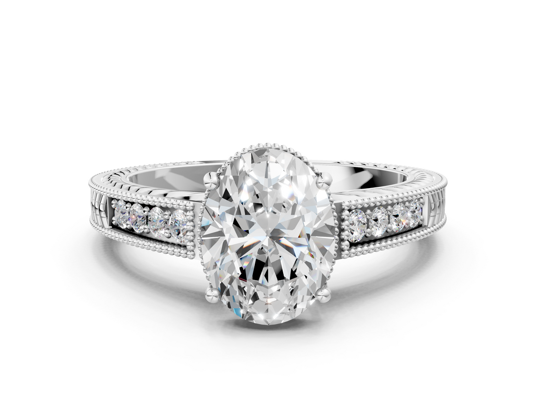 White gold Oval Cut Milgrain Channel Set Engagement Ring with Solitaire Prong Setting_58