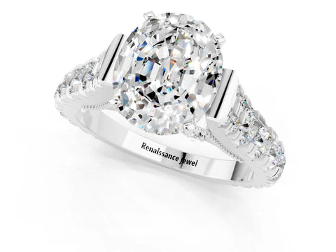 White gold Oval Cut Moissanite Classic Solitaire Ring with Pavé Band and Four-Prong Setting_1