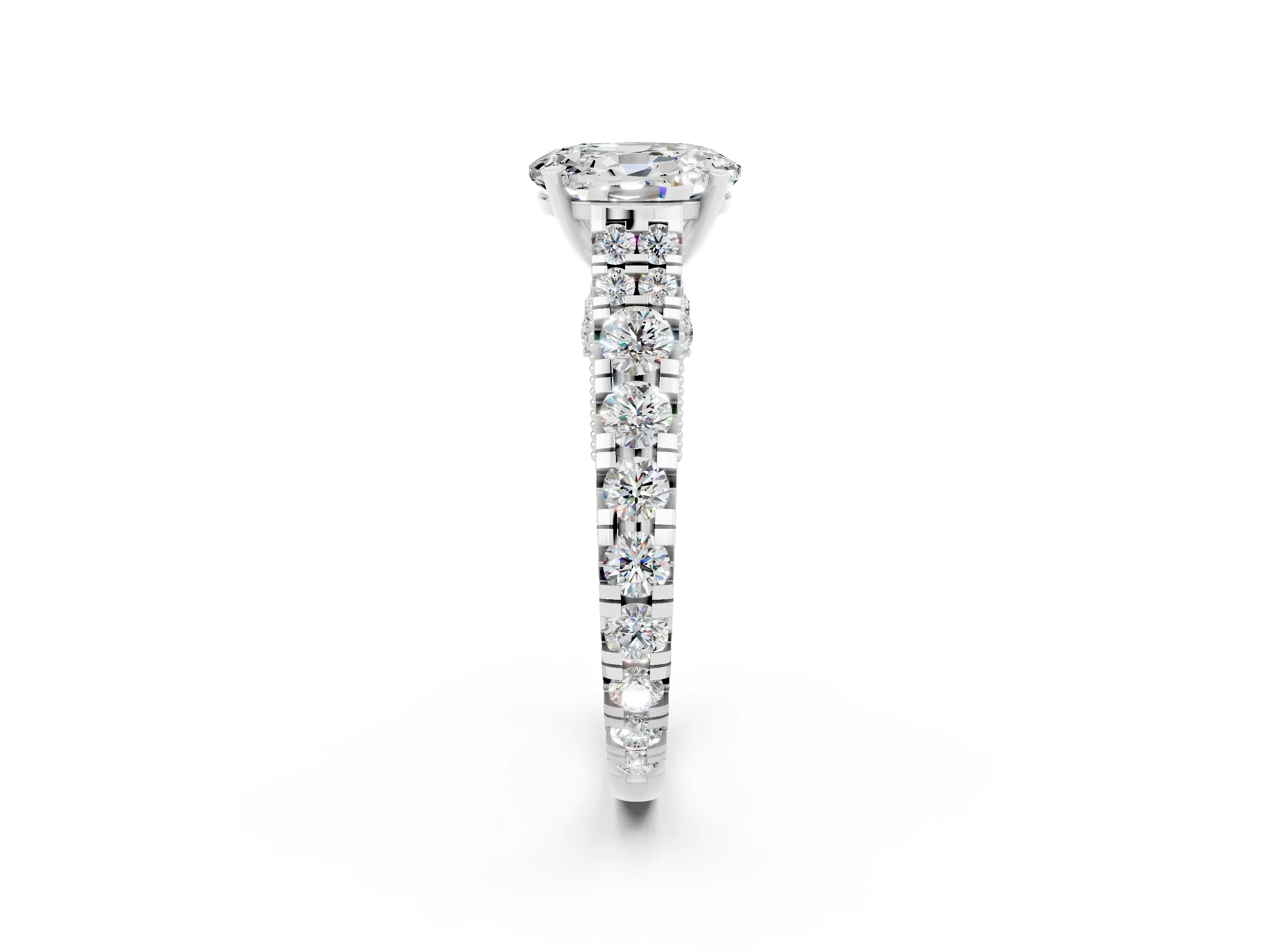 White gold Oval Cut Moissanite Classic Solitaire Ring with Pavé Band and Four-Prong Setting_2
