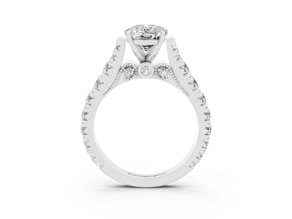 Silver Oval Cut Moissanite Classic Solitaire Ring with Pavé Band and Four-Prong Setting