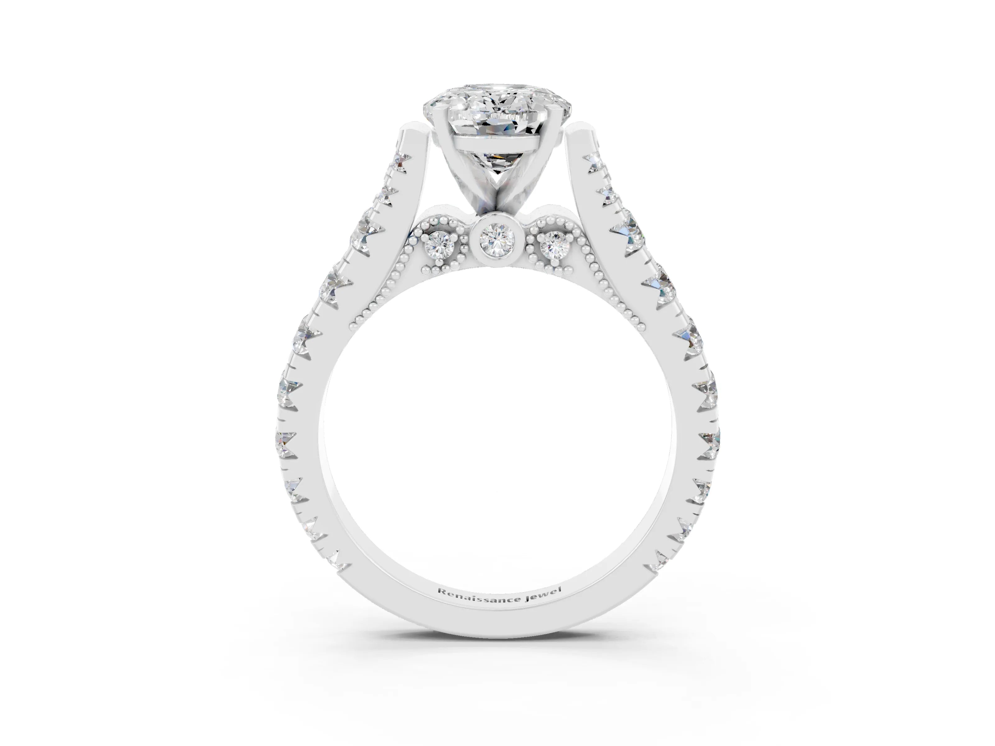 White gold Oval Cut Moissanite Classic Solitaire Ring with Pavé Band and Four-Prong Setting_3