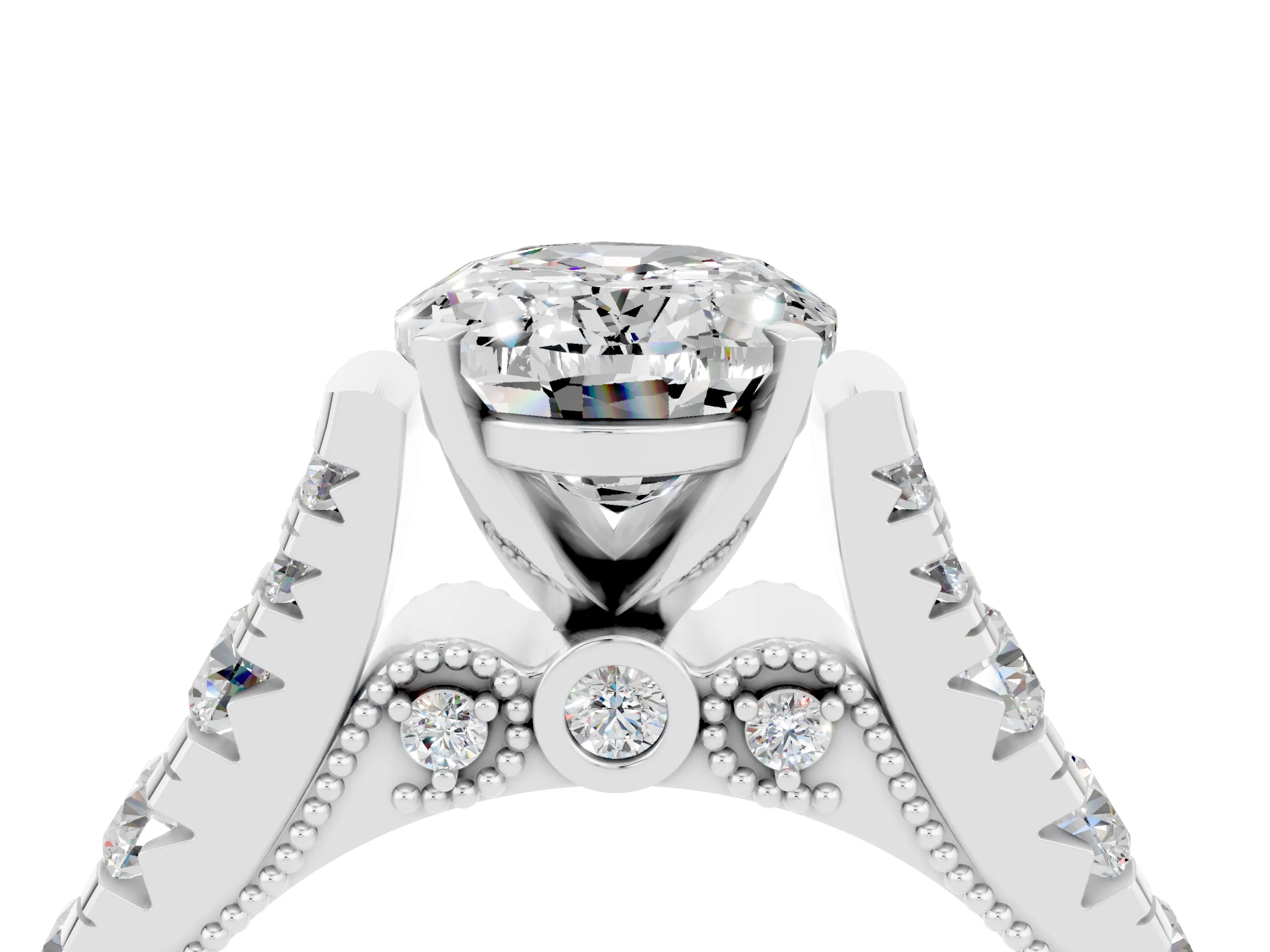 White gold Oval Cut Moissanite Classic Solitaire Ring with Pavé Band and Four-Prong Setting_4