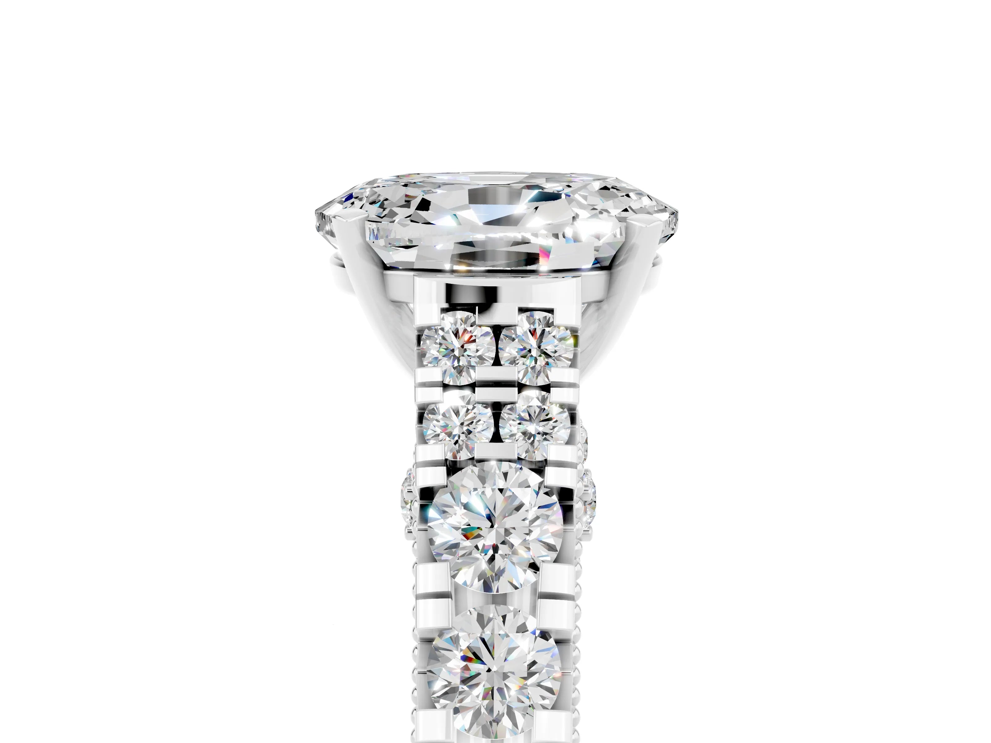 White gold Oval Cut Moissanite Classic Solitaire Ring with Pavé Band and Four-Prong Setting_5