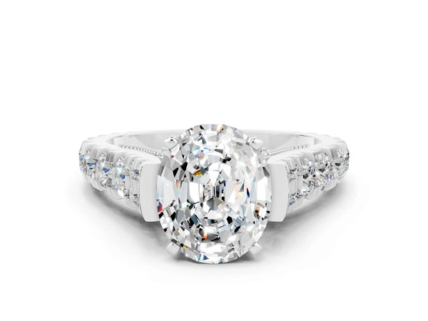 Silver Oval Cut Moissanite Classic Solitaire Ring with Pavé Band and Four-Prong Setting