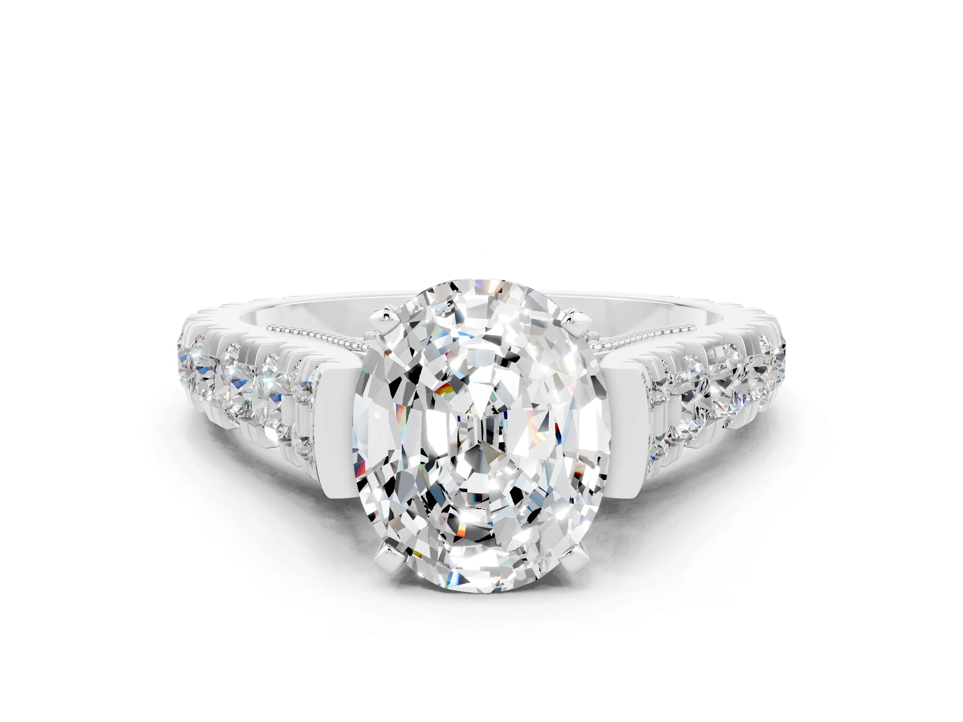 White gold Oval Cut Moissanite Classic Solitaire Ring with Pavé Band and Four-Prong Setting