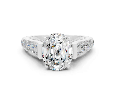 White gold Oval Cut Moissanite Classic Solitaire Ring with Pavé Band and Four-Prong Setting