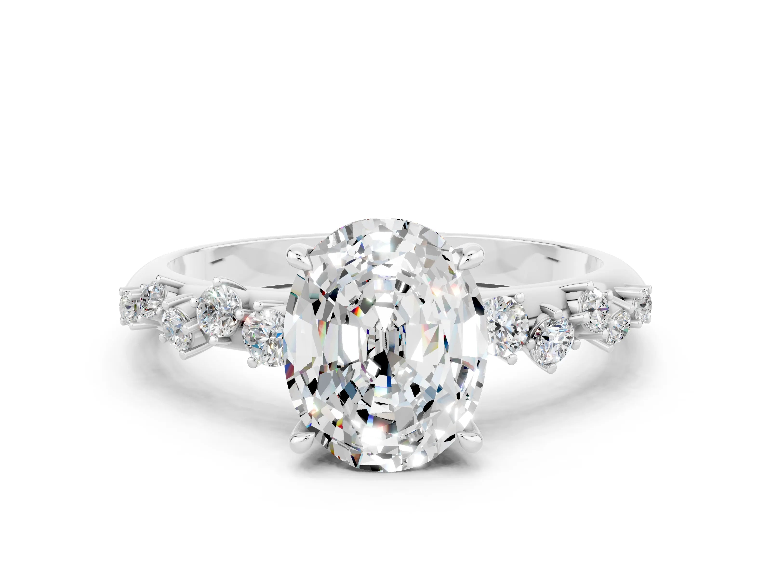 White gold Oval Cut Moissanite Cluster Side Stone Solitaire Ring with Prong Setting_24