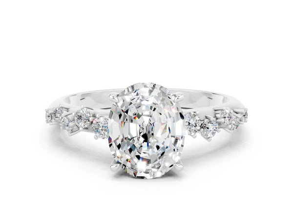 White gold Oval Cut Moissanite Cluster Side Stone Solitaire Ring with Prong Setting