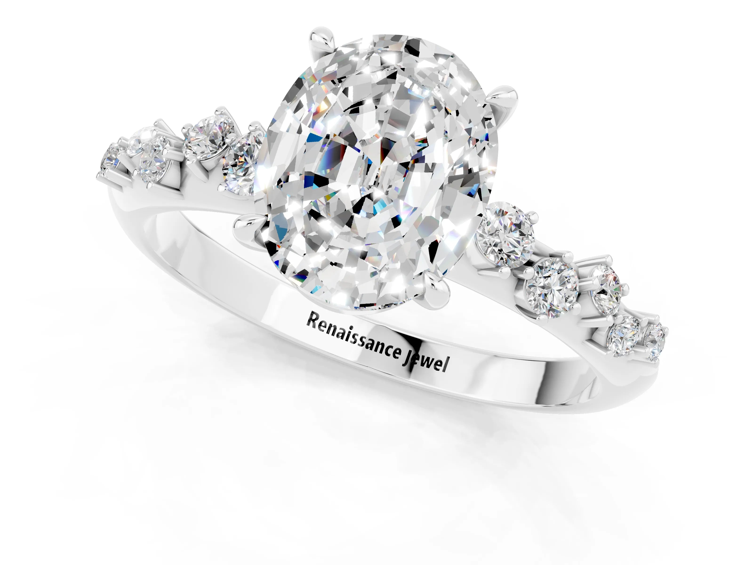 White gold Oval Cut Moissanite Cluster Side Stone Solitaire Ring with Prong Setting_25