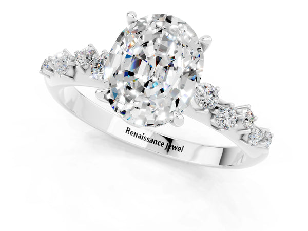 Silver Oval Cut Moissanite Cluster Side Stone Solitaire Ring with Prong Setting