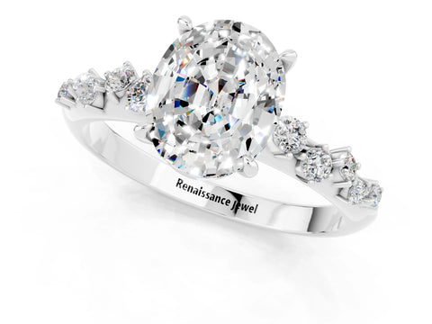 White gold Oval Cut Moissanite Cluster Side Stone Solitaire Ring with Prong Setting_25