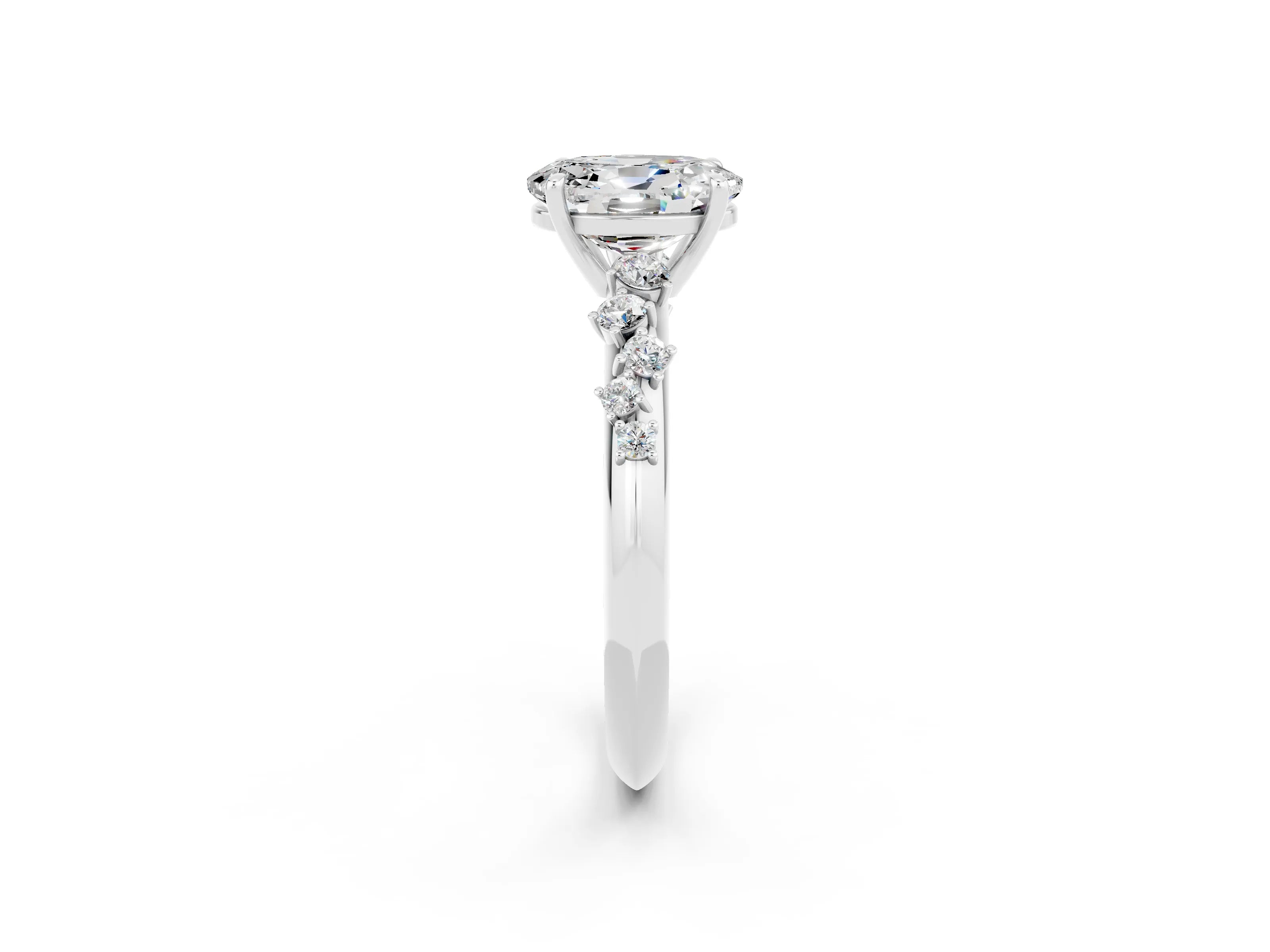 White gold Oval Cut Moissanite Cluster Side Stone Solitaire Ring with Prong Setting_26