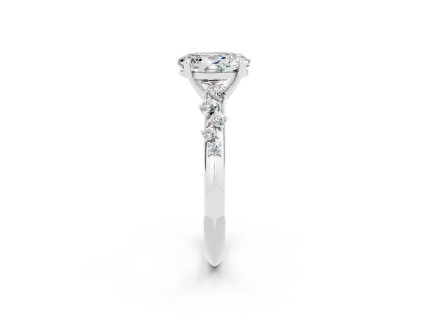 White gold Oval Cut Moissanite Cluster Side Stone Solitaire Ring with Prong Setting