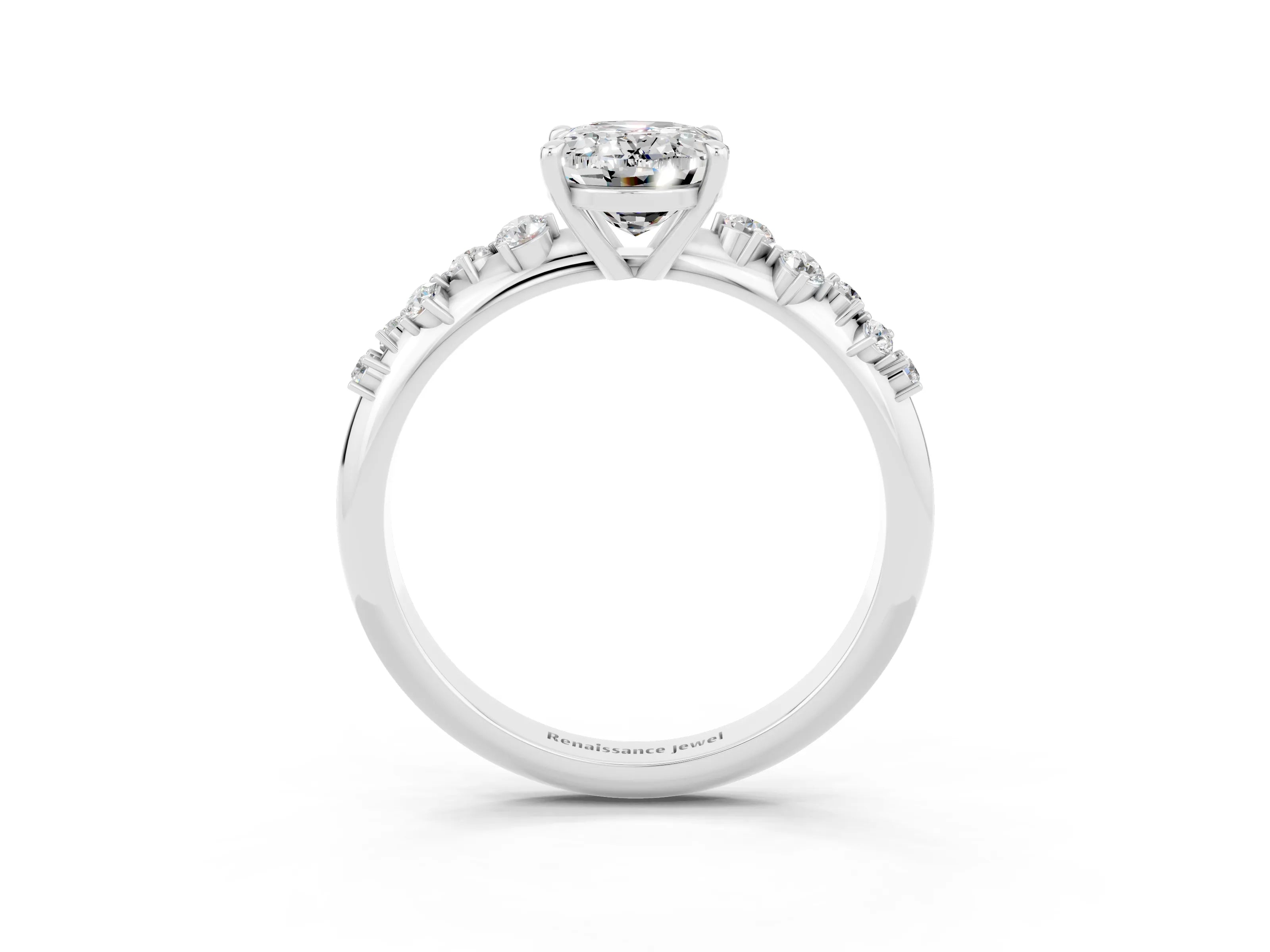 White gold Oval Cut Moissanite Cluster Side Stone Solitaire Ring with Prong Setting_27