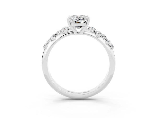 Platinum Oval Cut Moissanite Cluster Side Stone Solitaire Ring with Prong Setting