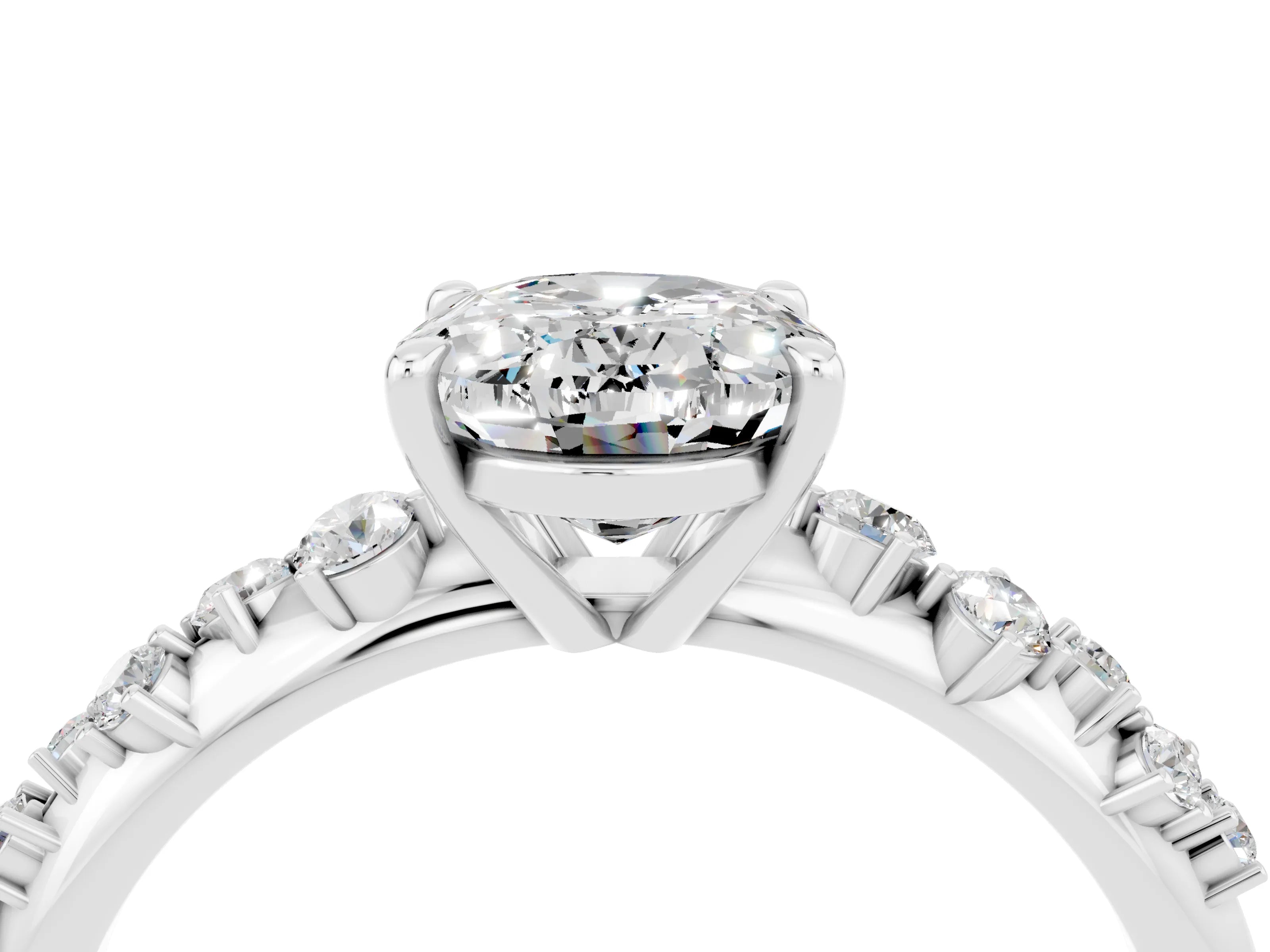 White gold Oval Cut Moissanite Cluster Side Stone Solitaire Ring with Prong Setting_28