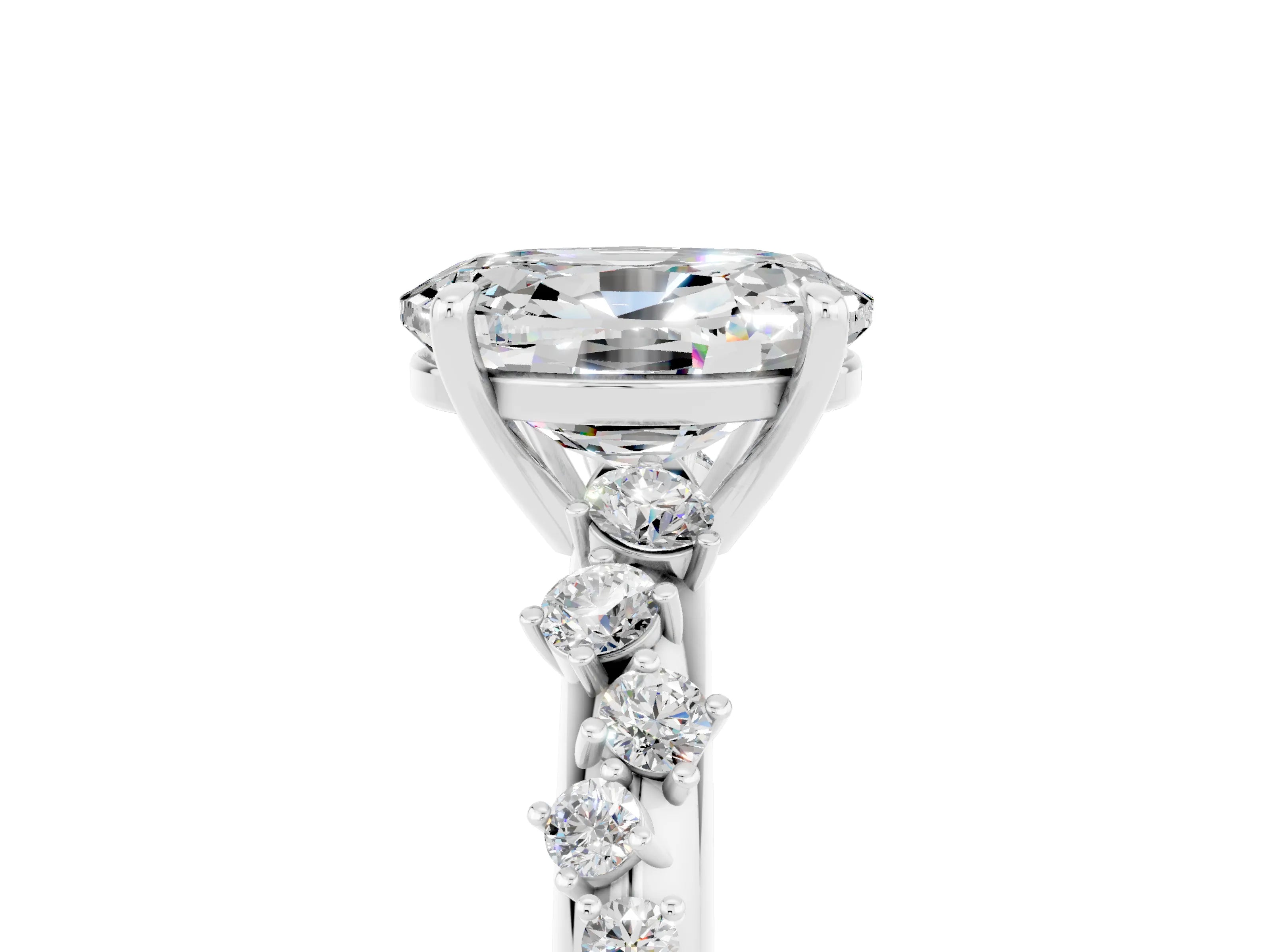 White gold Oval Cut Moissanite Cluster Side Stone Solitaire Ring with Prong Setting_29