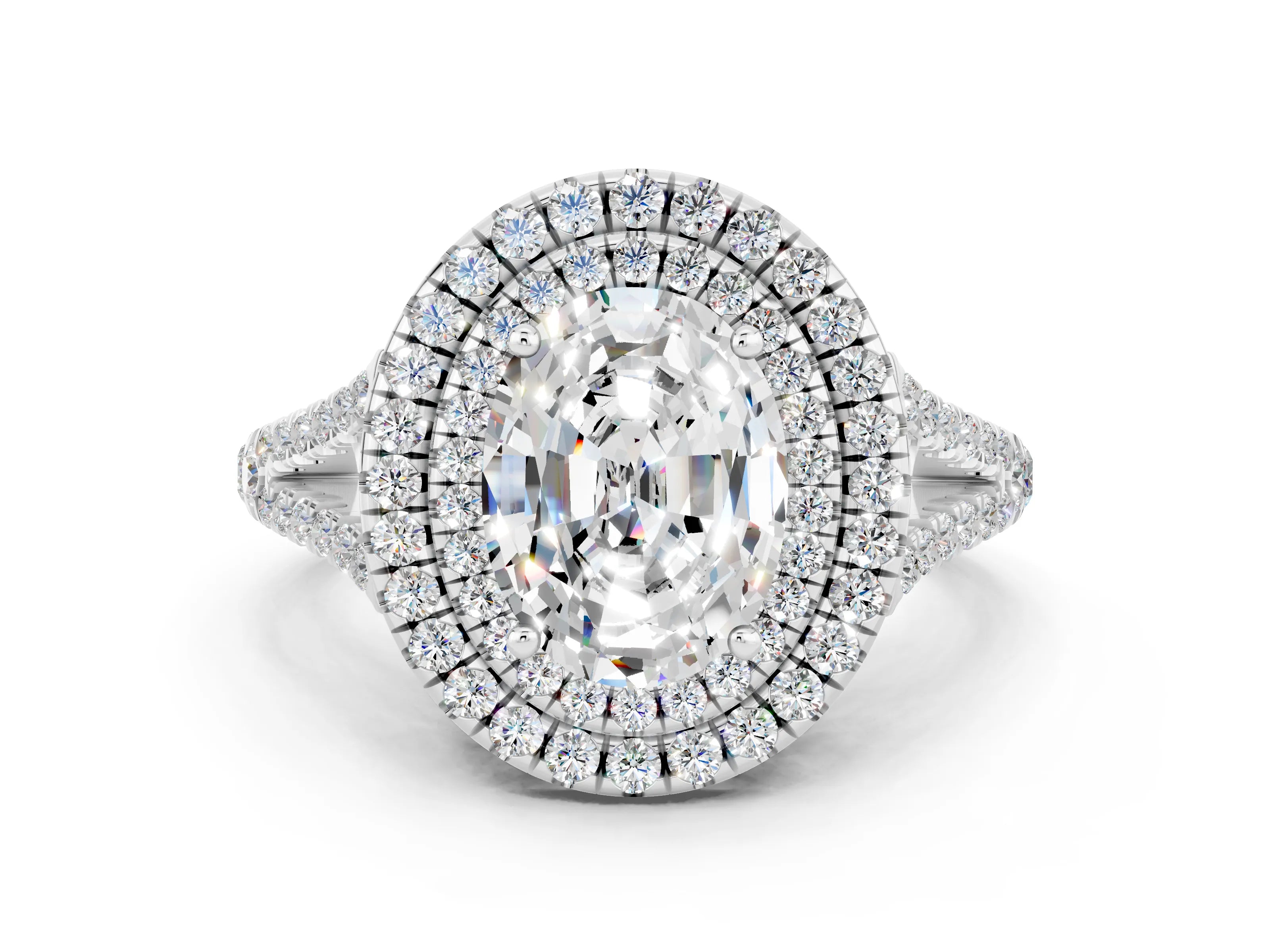 White gold Oval Cut Moissanite Double Halo Ring with Pavé Band and Prong Setting_12