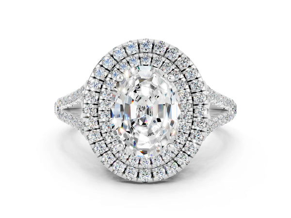 Silver Oval Cut Moissanite Double Halo Ring with Pavé Band and Prong Setting