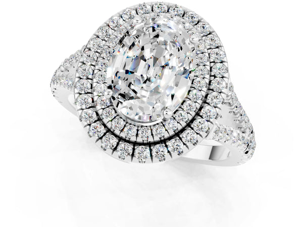 Platinum Oval Cut Moissanite Double Halo Ring with Pavé Band and Prong Setting